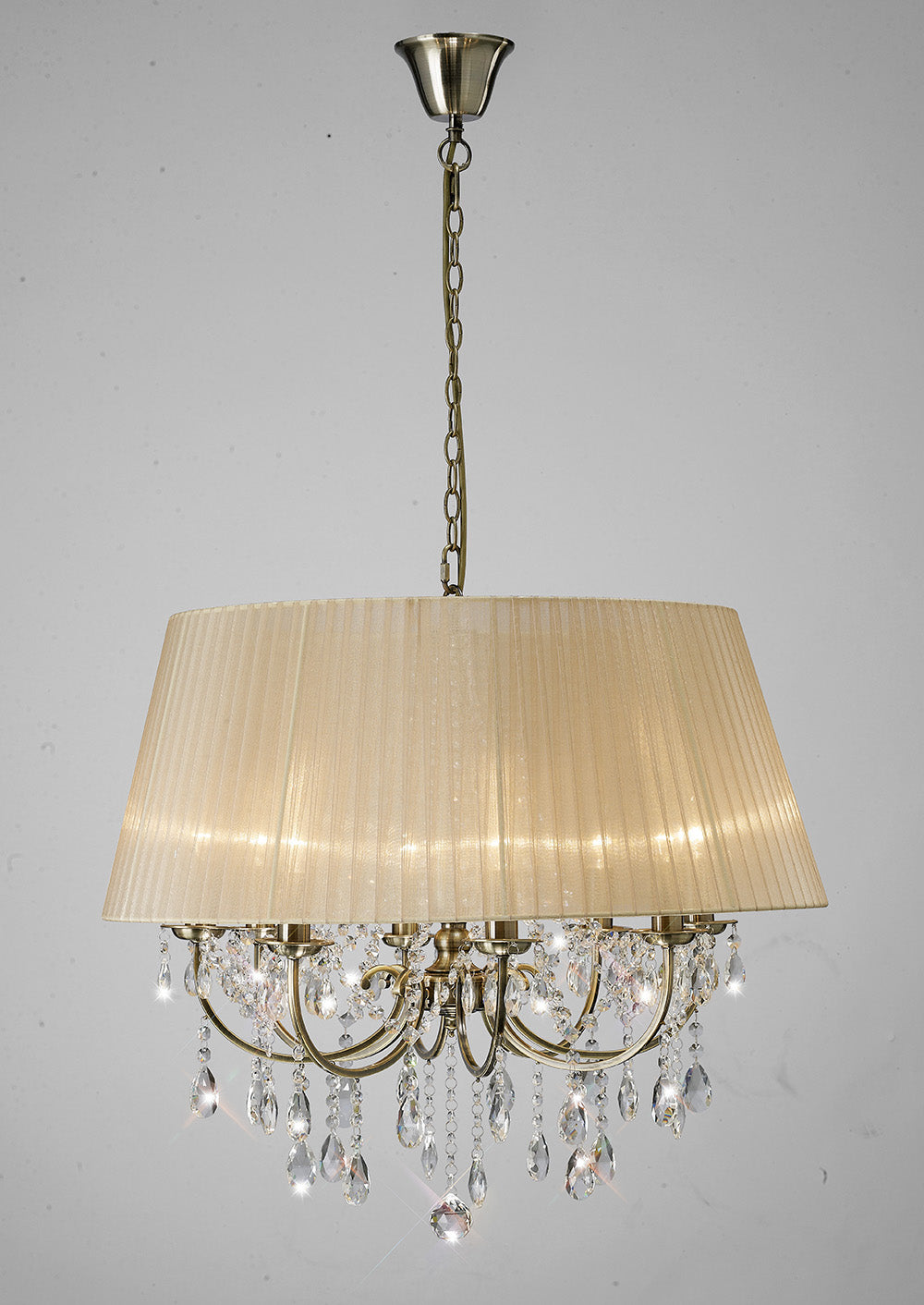 Diyas Olivia 8 Light Pendant Light in Antique Brass with Crystal and Soft Bronze Shade