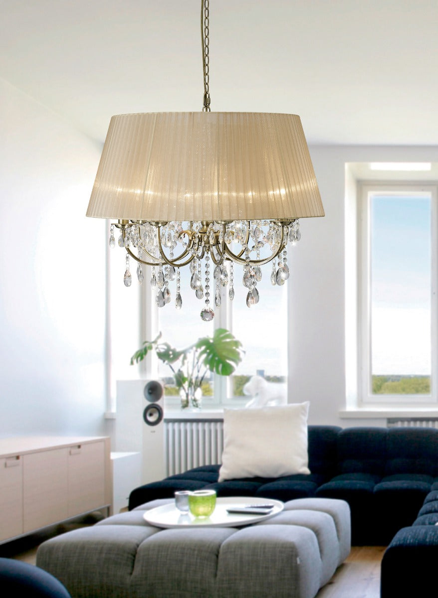 Diyas Olivia 8 Light Pendant Light in Antique Brass with Crystal and Soft Bronze Shade