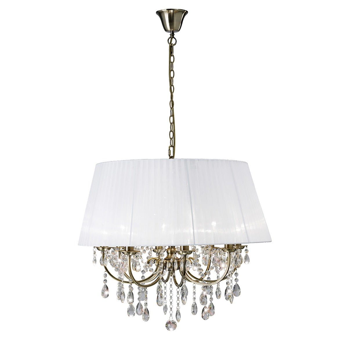 Diyas Olivia 8 Light Pendant Light in Antique Brass with Crystal and White Shade