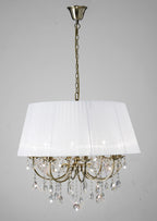 Diyas Olivia 8 Light Pendant Light in Antique Brass with Crystal and White Shade