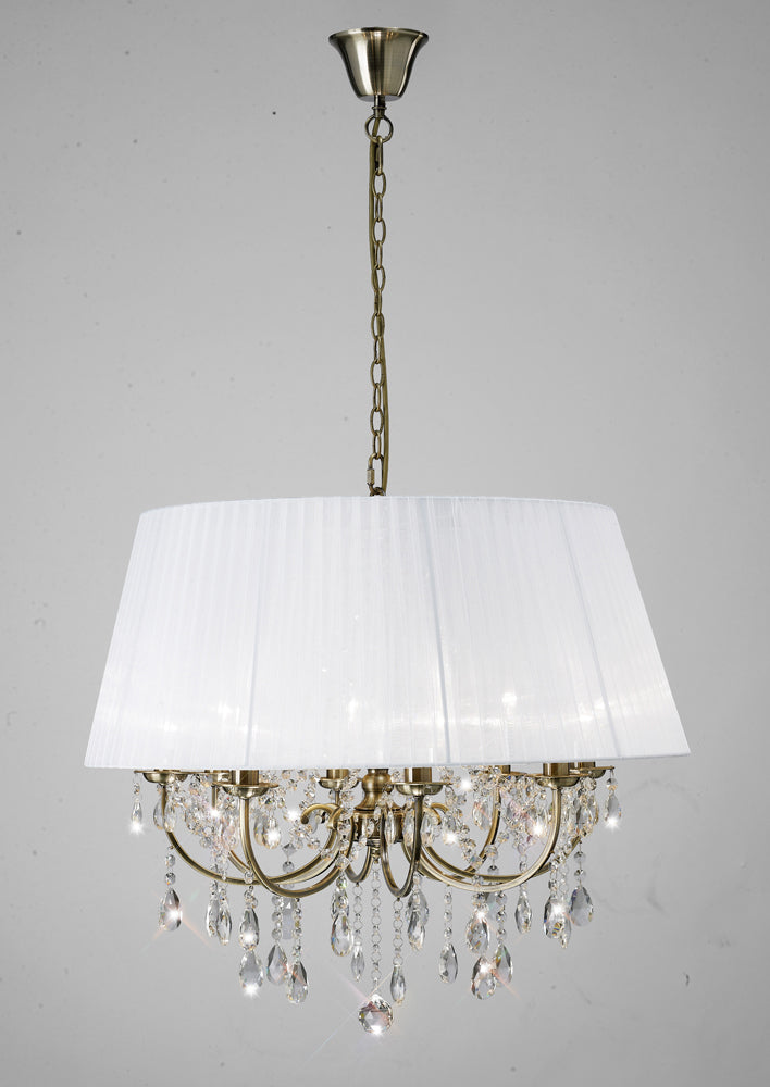 Diyas Olivia 8 Light Pendant Light in Antique Brass with Crystal and White Shade