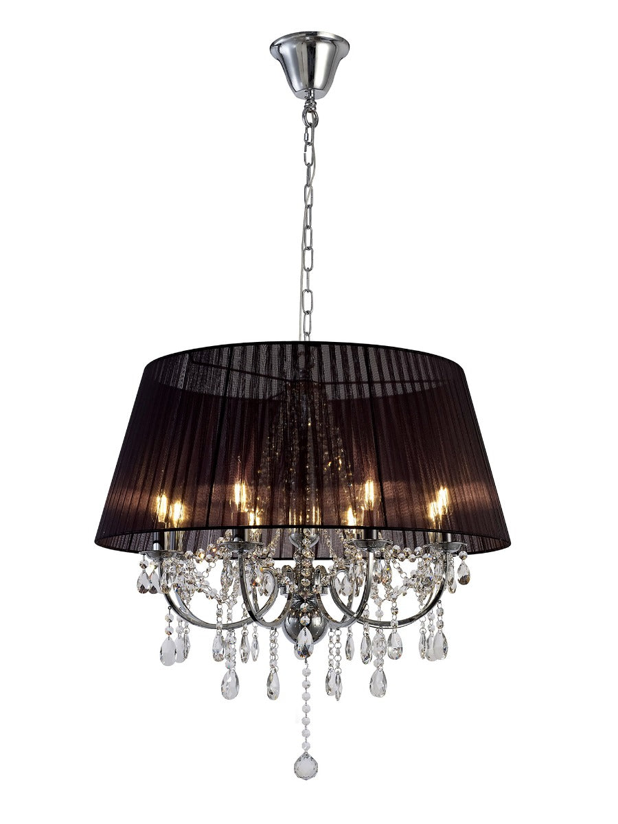 Diyas Olivia 8 Light Pendant Light in Polished Chrome with Crystal and Black Shade
