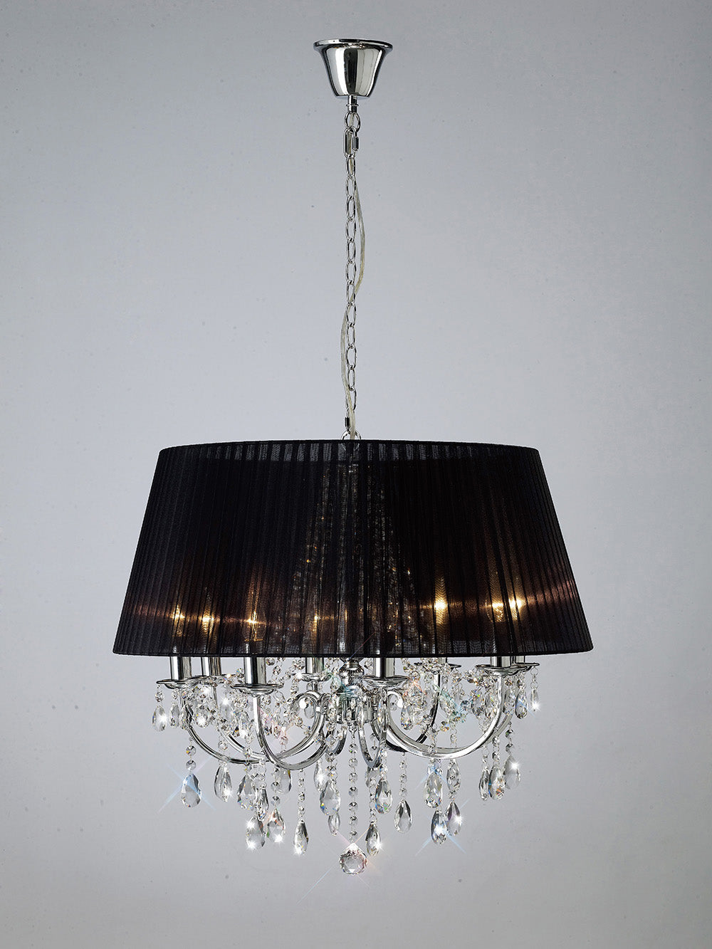 Diyas Olivia 8 Light Pendant Light in Polished Chrome with Crystal and Black Shade