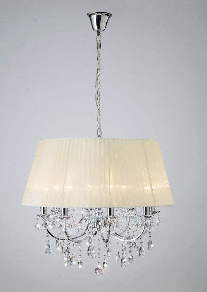 Diyas Olivia 8 Light Pendant Light in Polished Chrome with Crystal and Ivory Cream Shade