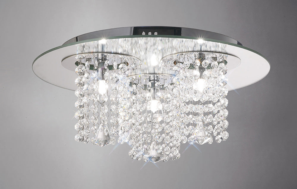 Diyas Pegasus 3 Light Flush Ceiling Light in Polished Chrome with Crystal and Chrome Mirror