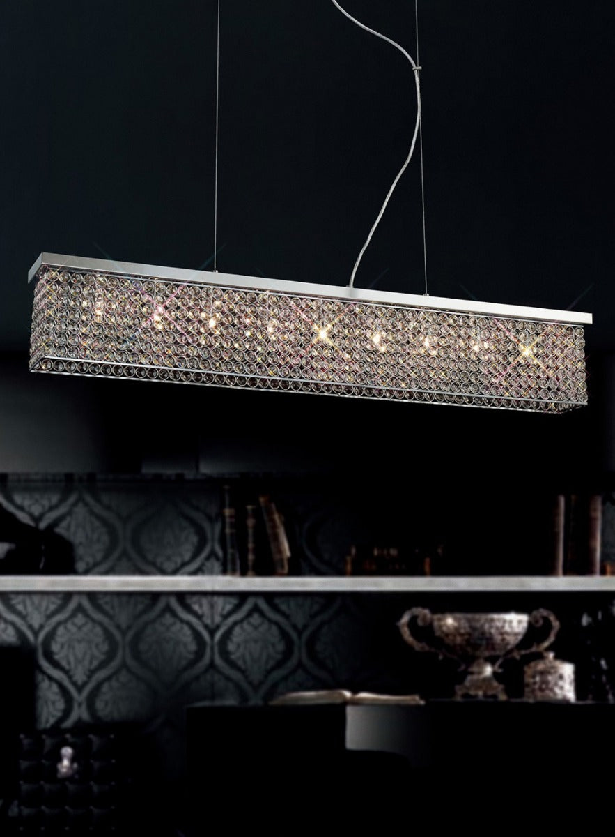Diyas Piazza 9 Light Rectangular Pendant Light in Polished Chrome with Crystal