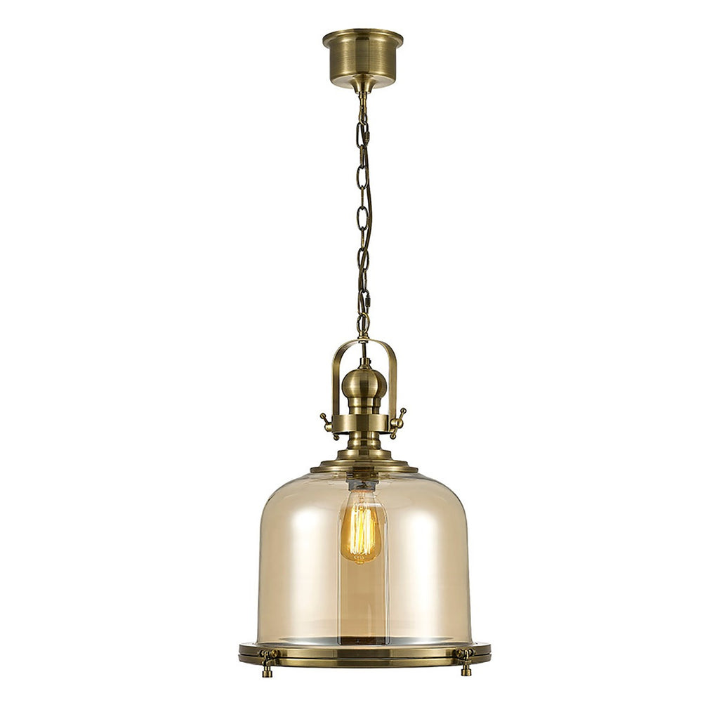 Diyas Riley Large Bell Pendant Light in Antique Brass with Cognac Glass
