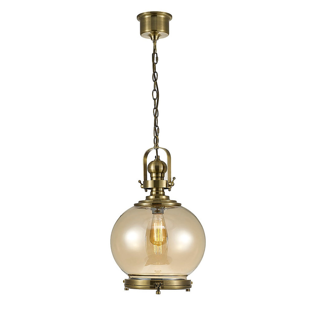 Diyas Riley Medium Ball Pendant Light in Antique Brass with Cognac Glass
