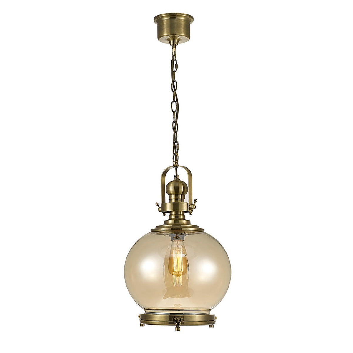 Diyas Riley Medium Ball Pendant Light in Antique Brass with Cognac Glass