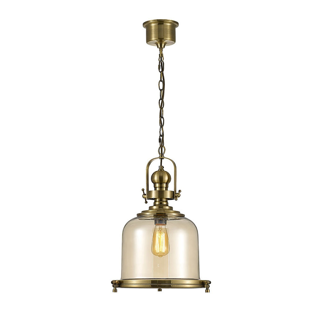 Diyas Riley Medium Bell Pendant Light in Antique Brass with Cognac Glass