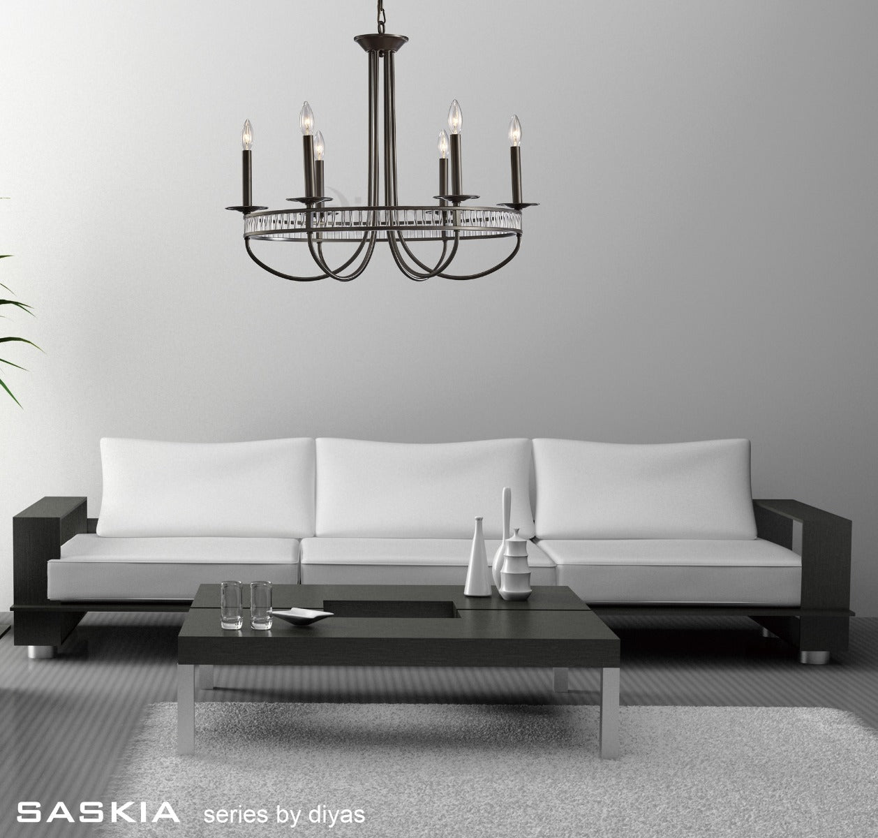 Diyas Saskia 6 Light Round Pendant Light in Aged Bronze with Crystal