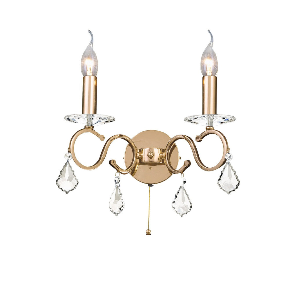 Diyas Torino 2 Light Switched Wall Light in French Gold with Crystal
