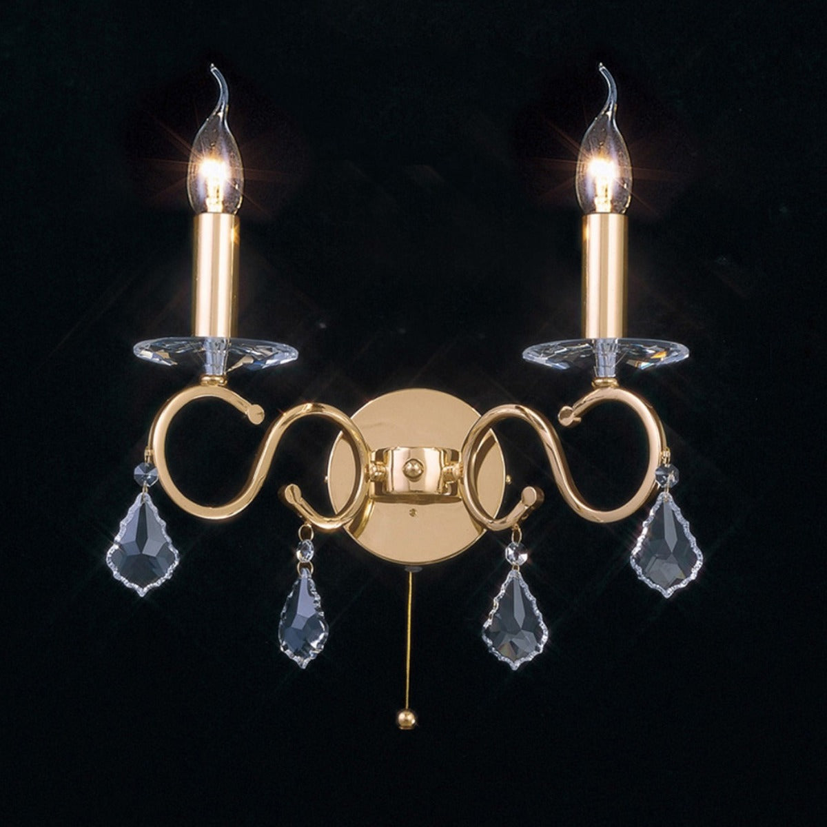 Diyas Torino 2 Light Switched Wall Light in French Gold with Crystal