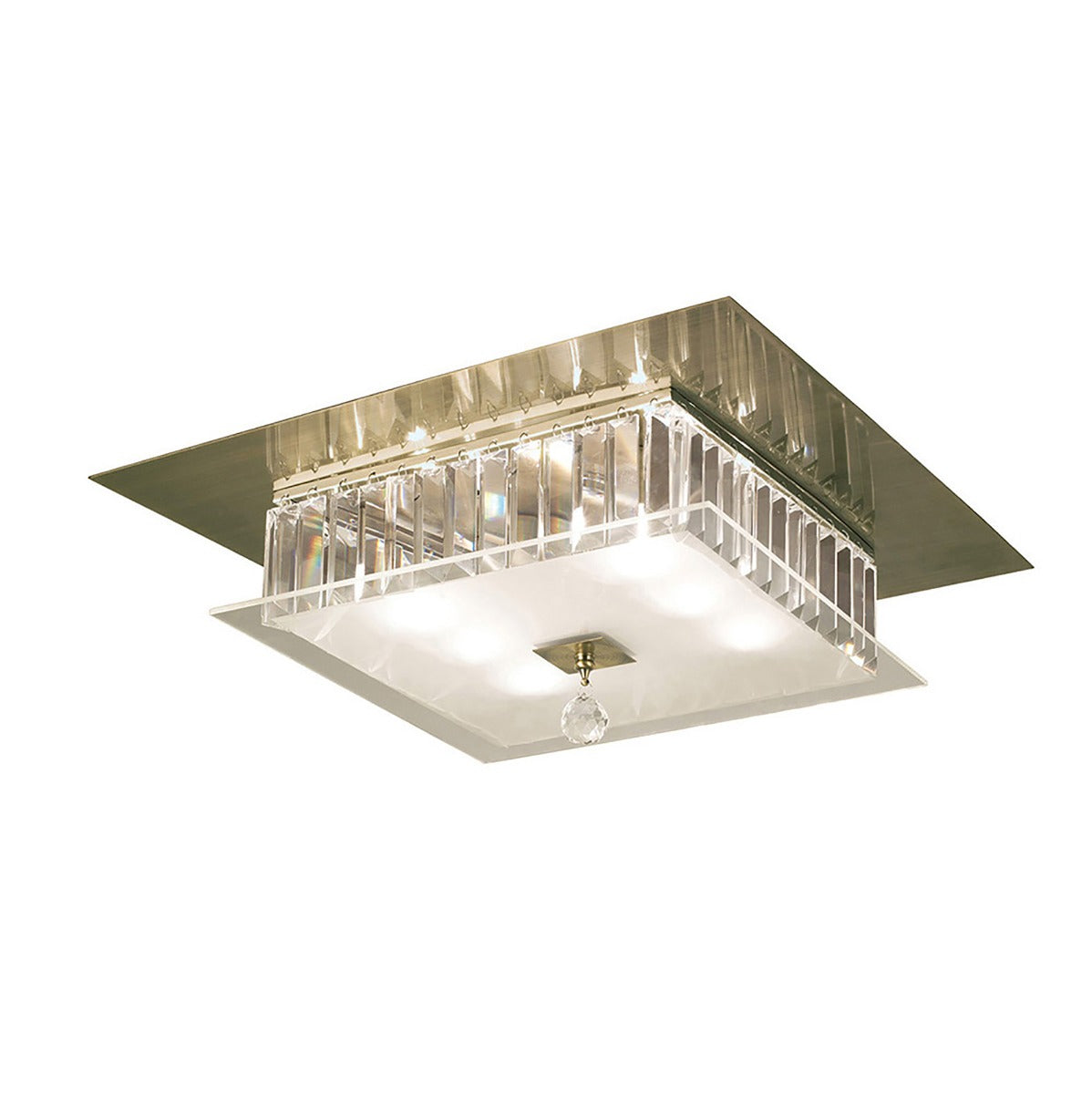 Diyas Tosca 6 Light Square Flush Ceiling Light in Antique Brass with Glass and Crystal