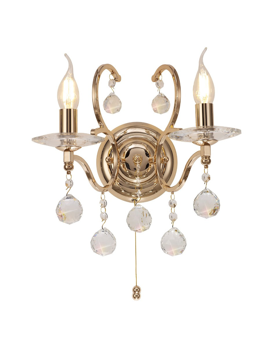 Diyas Zinta 2 Light Switched Wall Light in French Gold with Crystal
