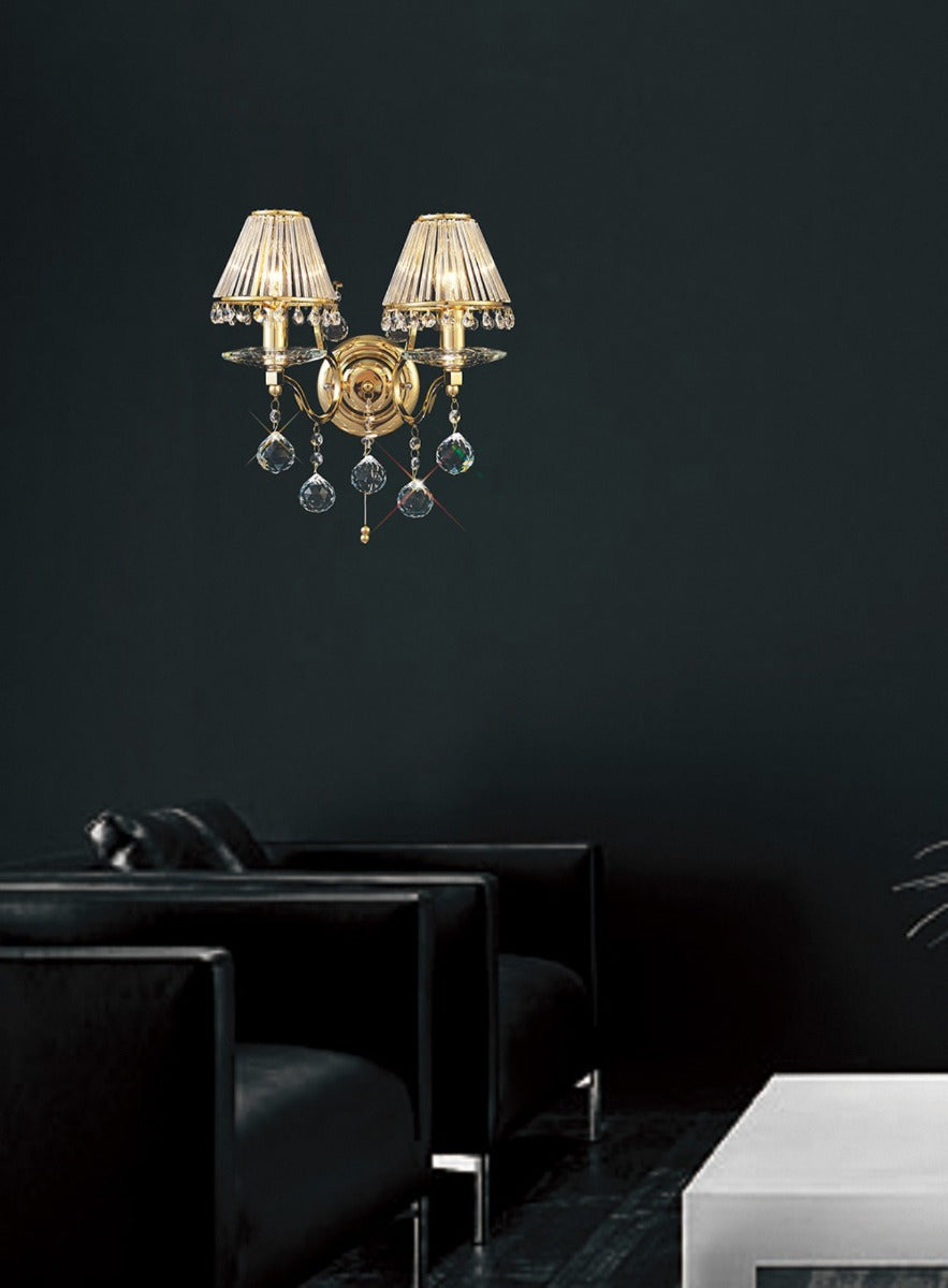 Diyas Zinta 2 Light Switched Wall Light in French Gold with Crystal