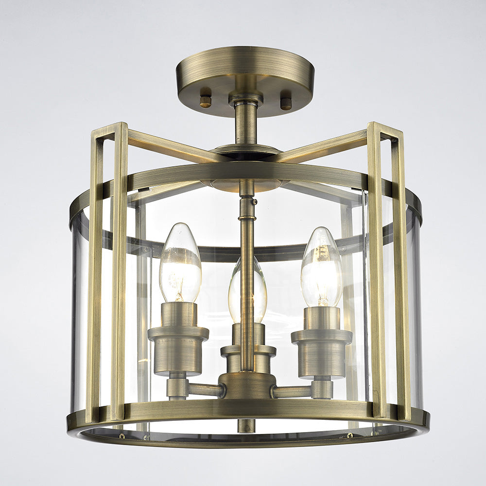 Diyas Eaton 3 Light Semi Flush Ceiling Lantern in Antique Brass