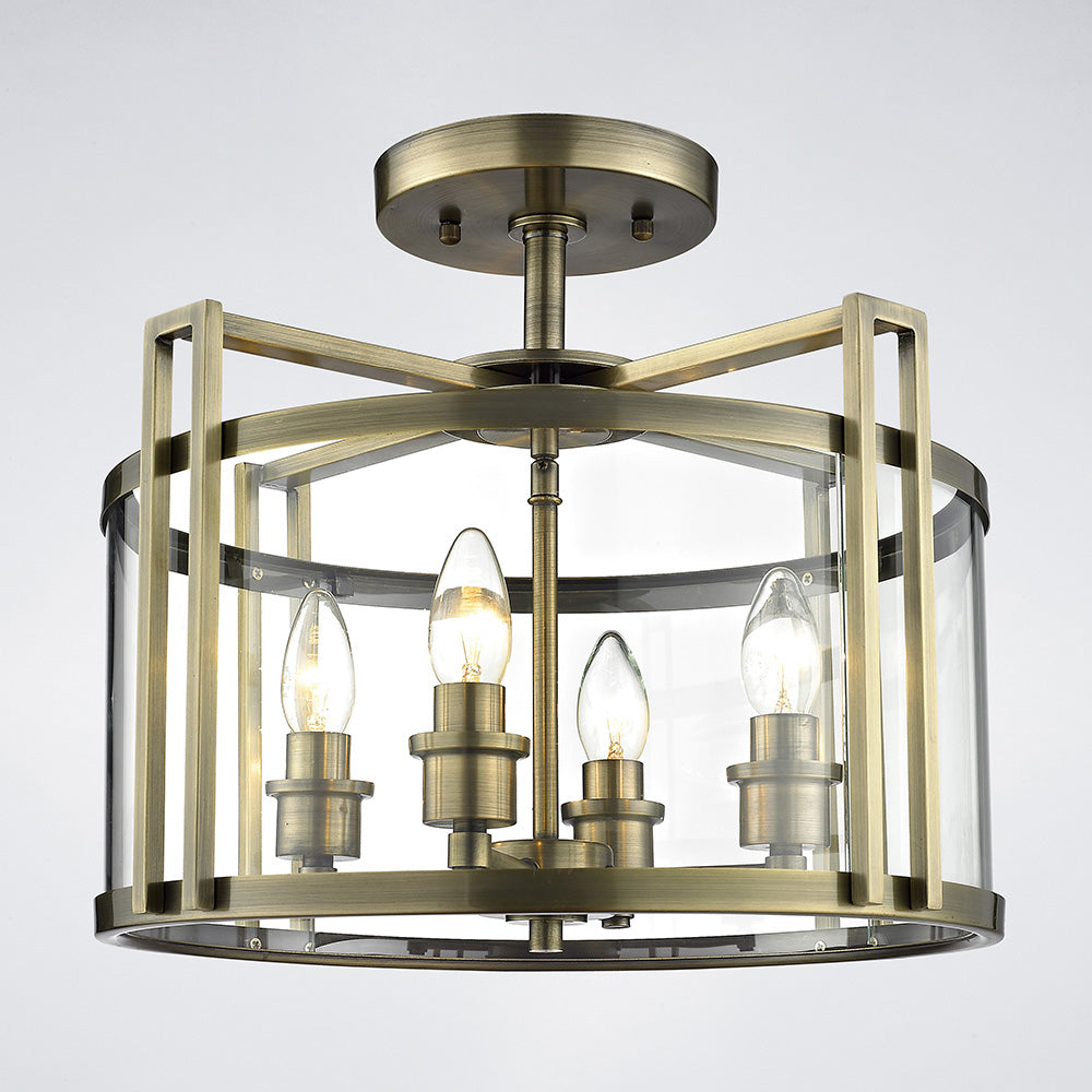 Diyas Eaton 4 Light Semi Flush Ceiling Lantern in Antique Brass