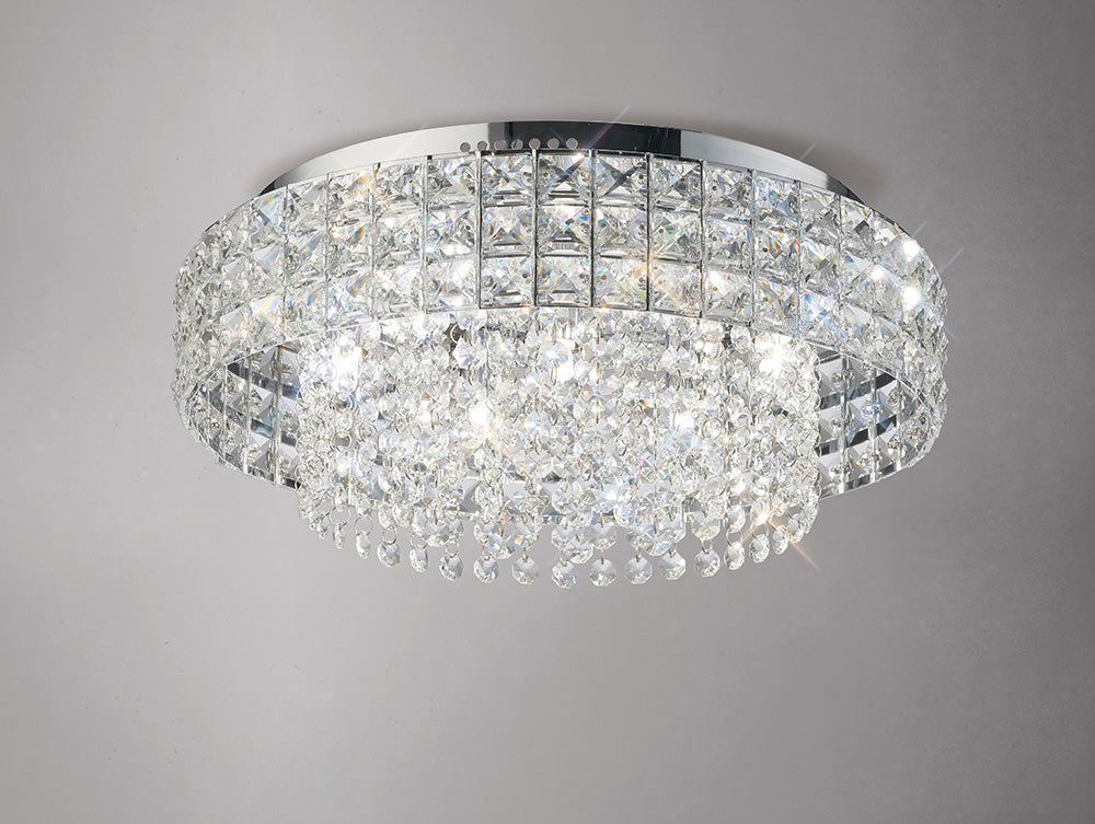 Diyas Edison 7 Light Round Flush Ceiling Light in Polished Chrome with Crystal