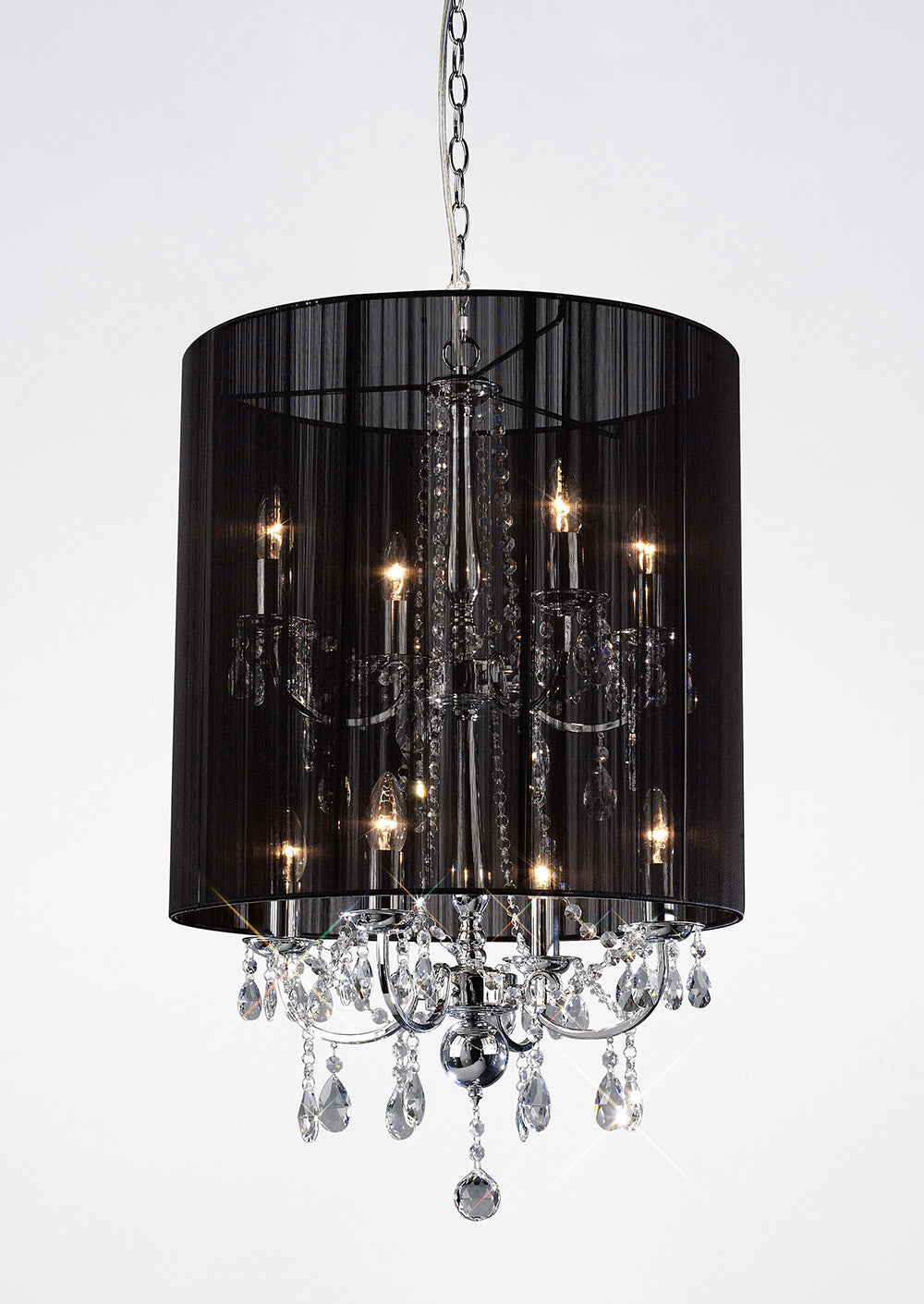 Diyas Ella 8 Light Pendant Light in Polished Chrome with Crystal and Black Shade