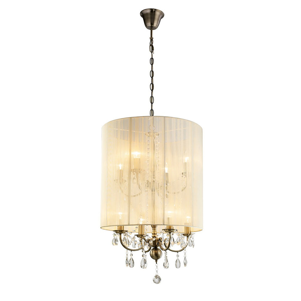 Diyas Ella 8 Light Pendant Light in Antique Brass with Crystal and Ivory Cream Shade