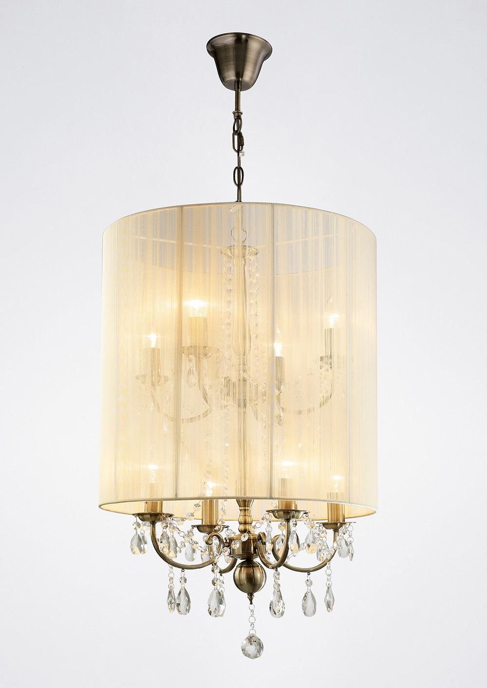 Diyas Ella 8 Light Pendant Light in Antique Brass with Crystal and Ivory Cream Shade