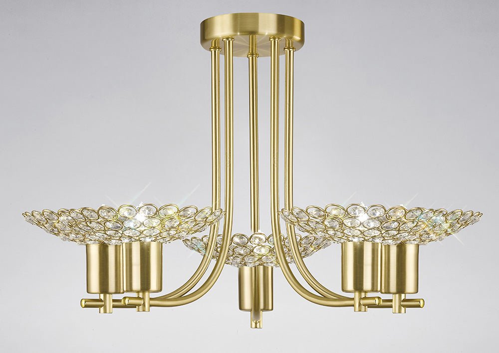 Diyas Ellen 5 Light Semi Flush Ceiling Light in Satin Brass with Crystal