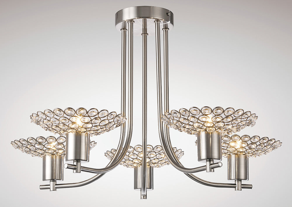 Diyas Ellen 5 Light Semi Flush Ceiling Light in Satin Nickel with Crystal