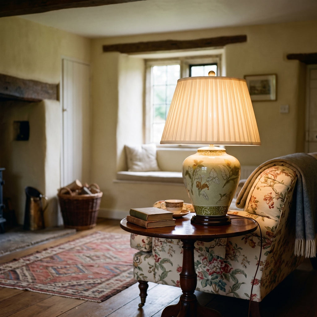 Elstead Arum Lily Table Lamp in Green with Cream Shade lit in a beamed country cottage sitting room