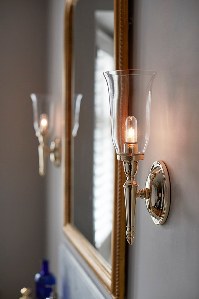 Elstead Dryden Bathroom Wall Light in Polished Brass with Flute Shade