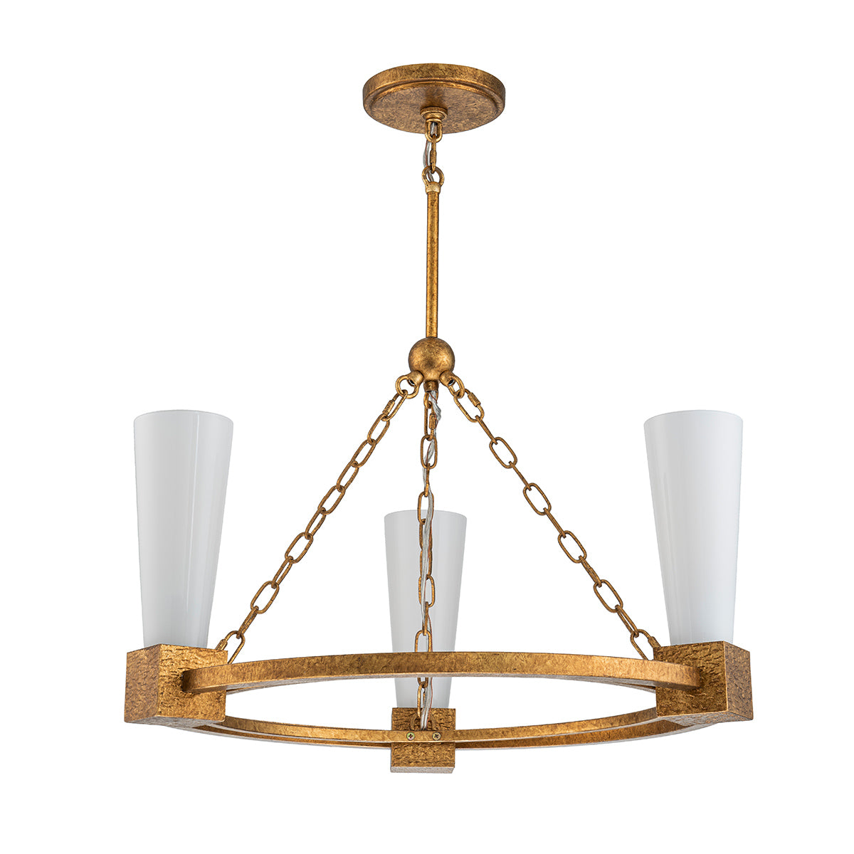 Elstead Kristy 3 Light Chandelier Distressed Gold with Opal Glass Shade