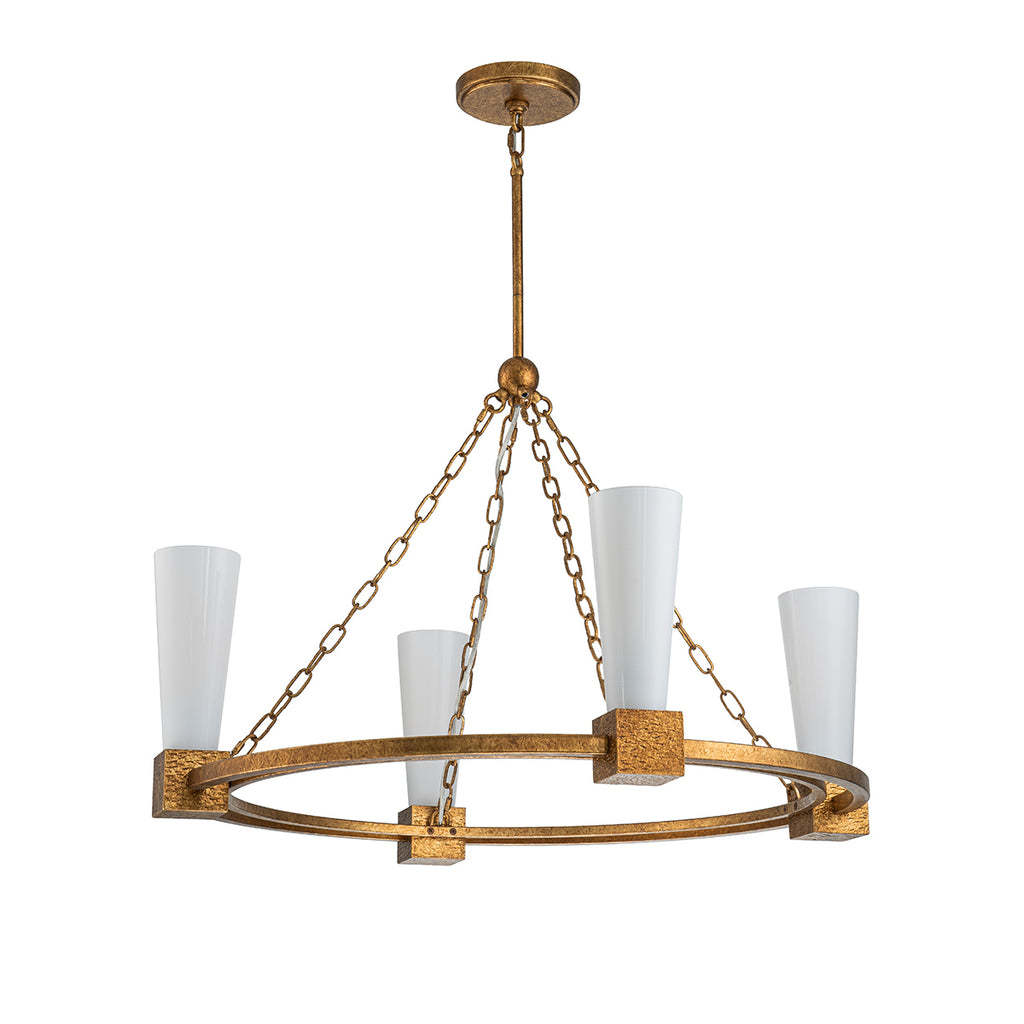 Elstead Kristy 4 Light Chandelier Distressed Gold with Opal Glass Shade