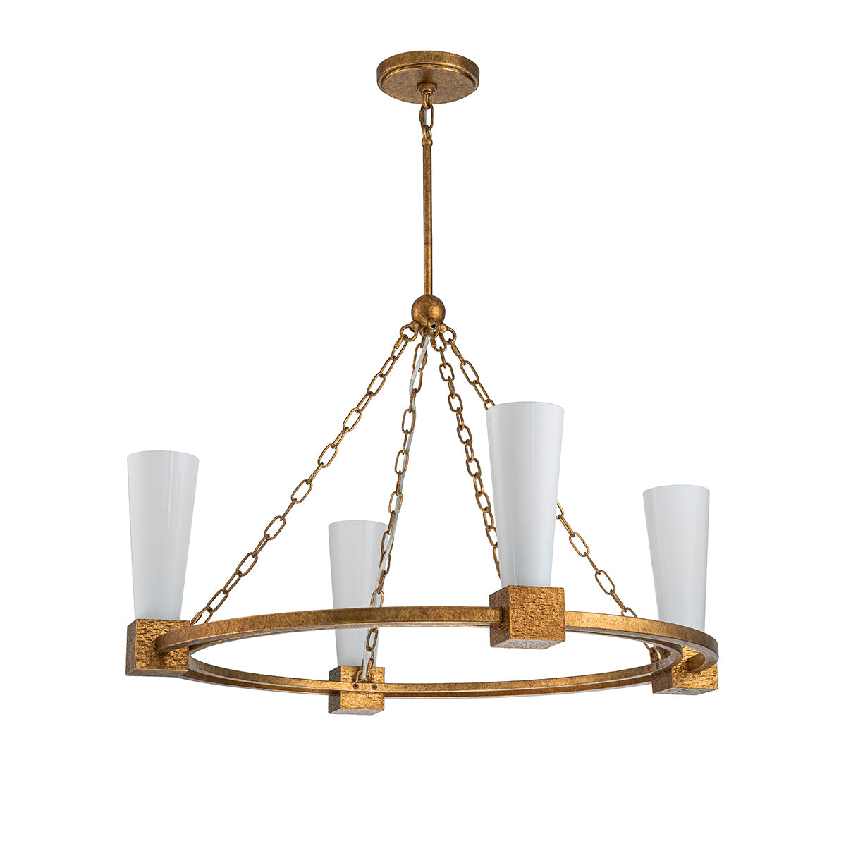 Elstead Kristy 4 Light Chandelier Distressed Gold with Opal Glass Shade