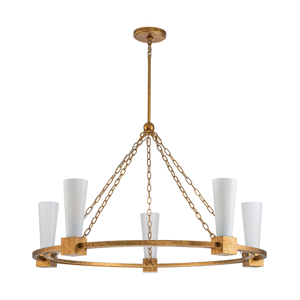 Elstead Kristy 5 Light Chandelier Distressed Gold with Opal Glass Shade