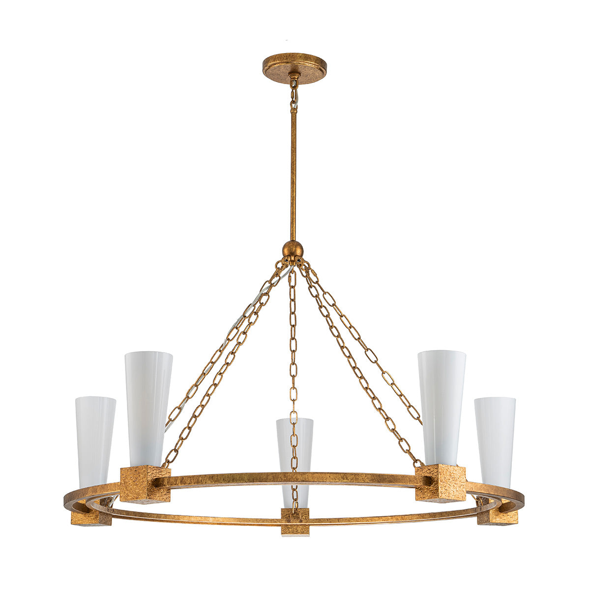 Elstead Kristy 5 Light Chandelier Distressed Gold with Opal Glass Shade