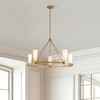 Elstead Kristy 5 Light Chandelier Distressed Gold with Opal Glass Shade