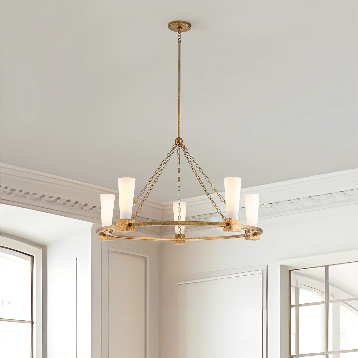 Elstead Kristy 5 Light Chandelier Distressed Gold with Opal Glass Shade