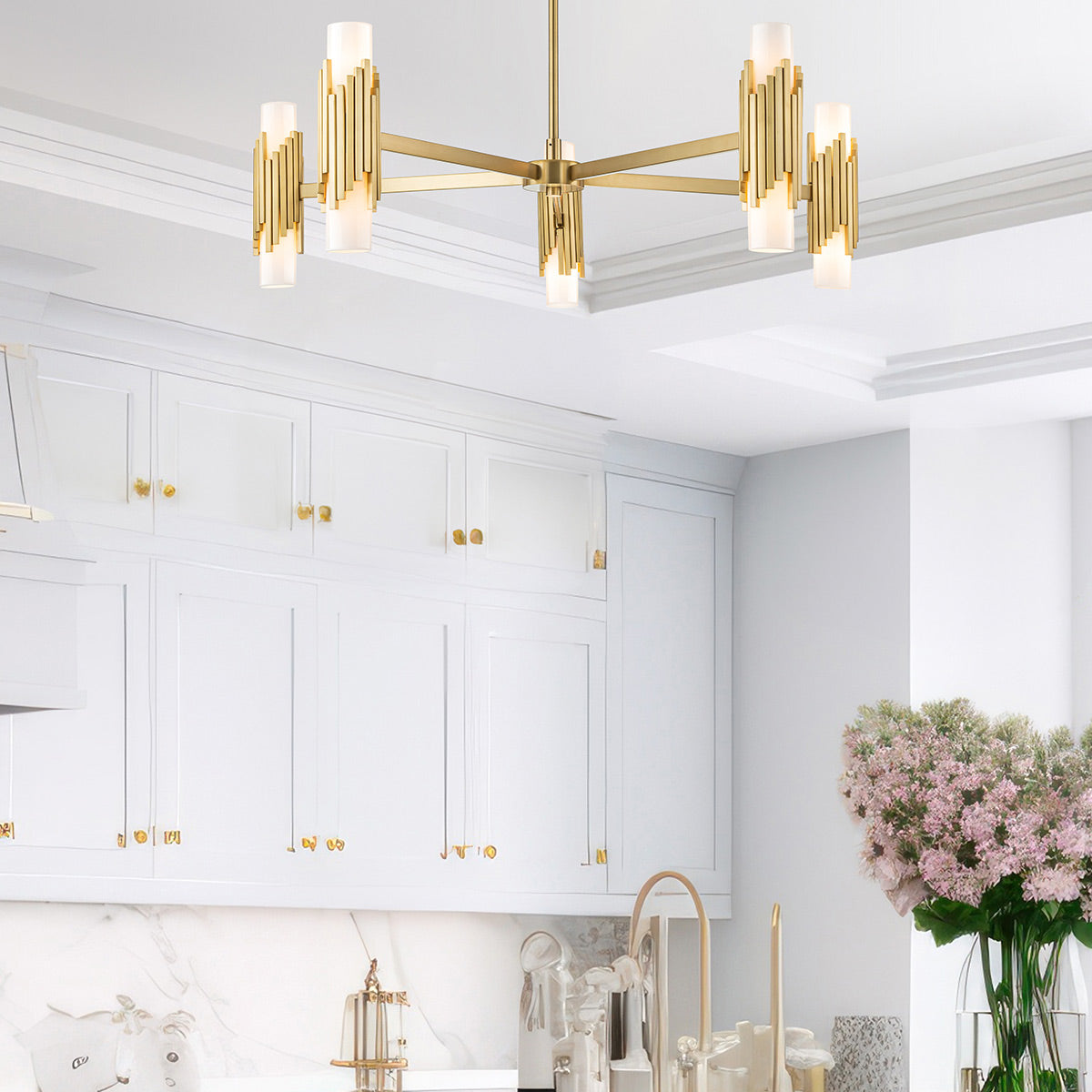 Elstead Marvele 10 Light Chandelier Aged Brass with Opal Glass Shade