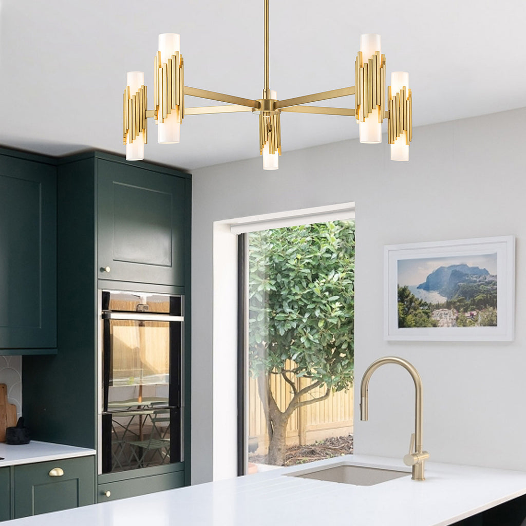 Elstead Marvele 10 Light Chandelier Aged Brass with Opal Glass Shade
