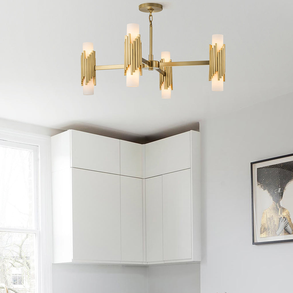 Elstead Marvele 8 Light Chandelier Aged Brass with Opal Glass Shade