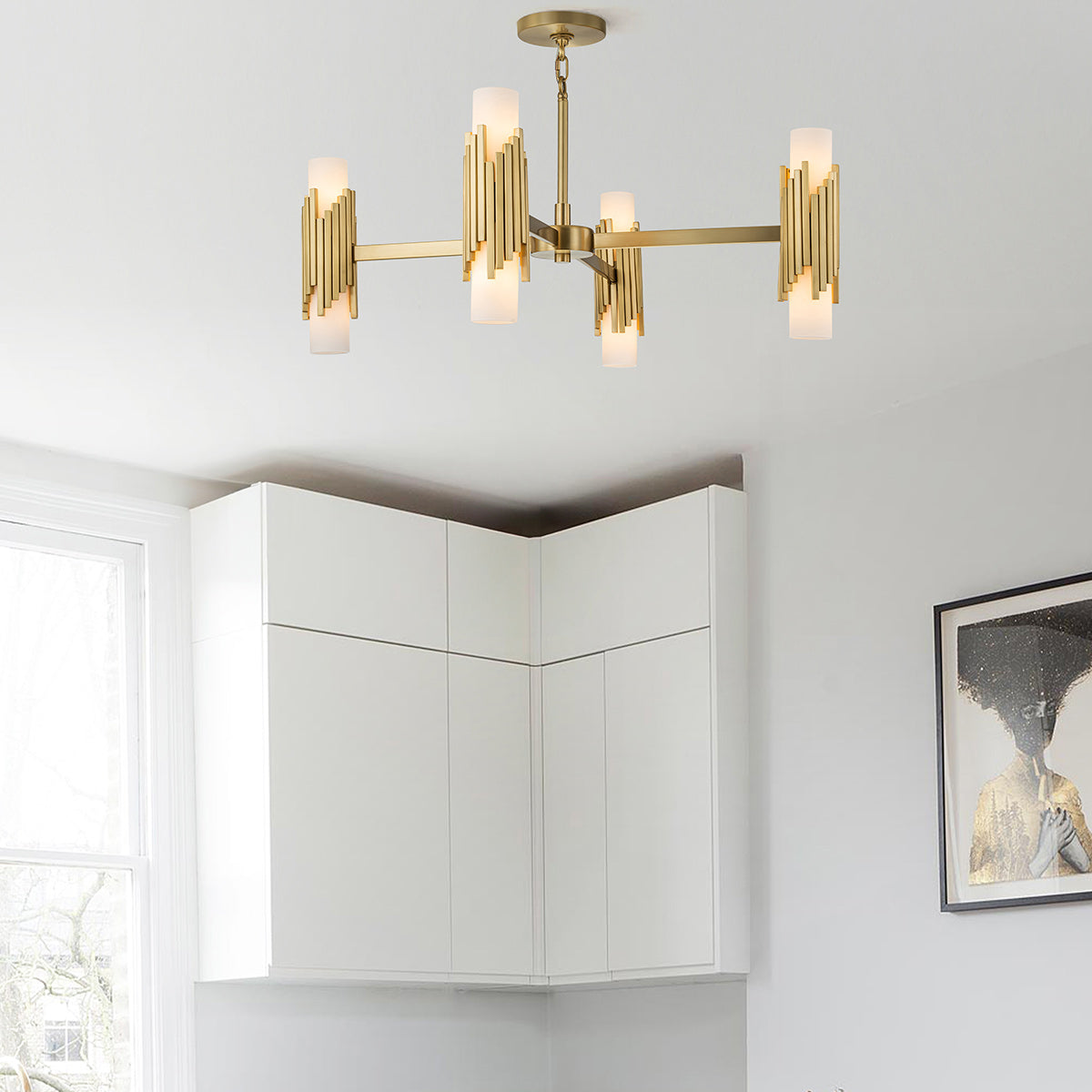 Elstead Marvele 8 Light Chandelier Aged Brass with Opal Glass Shade