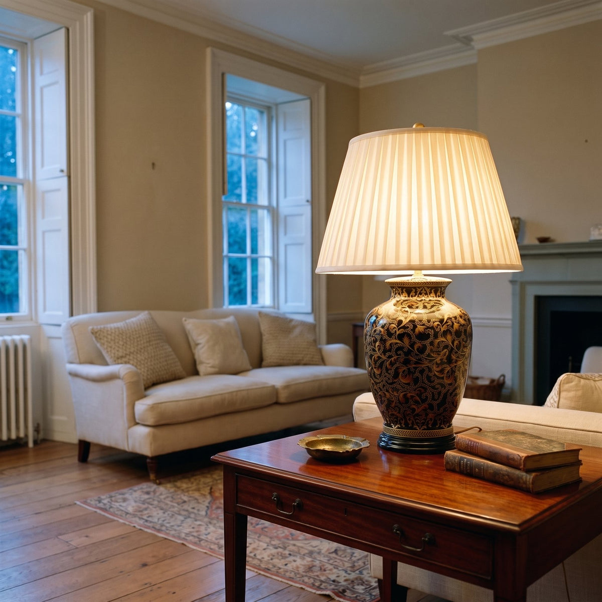 Elstead Morris Large Table Lamp in Gold and Black lit in a Georgian townhouse drawing room