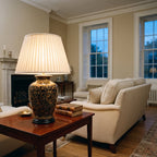 Elstead Morris Large Table Lamp in Gold and Black lit in a Georgian townhouse drawing room
