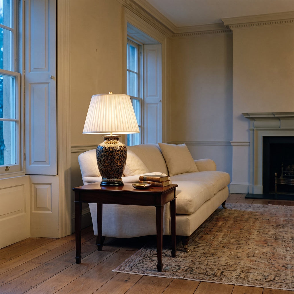 Elstead Morris Large Table Lamp in Gold and Black lit in a Georgian townhouse drawing room