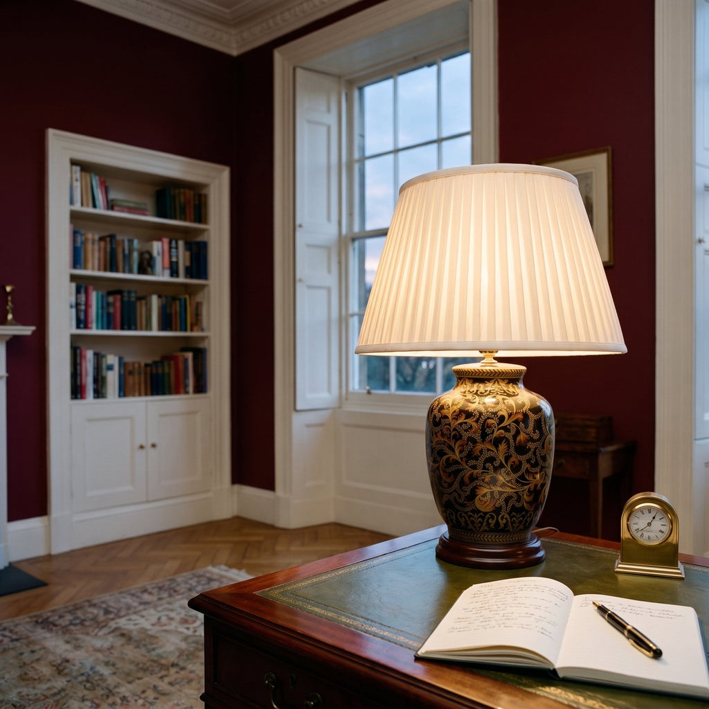 Elstead Morris Small Table Lamp in Black Gold lit on a desk in an oxblood red Georgian study