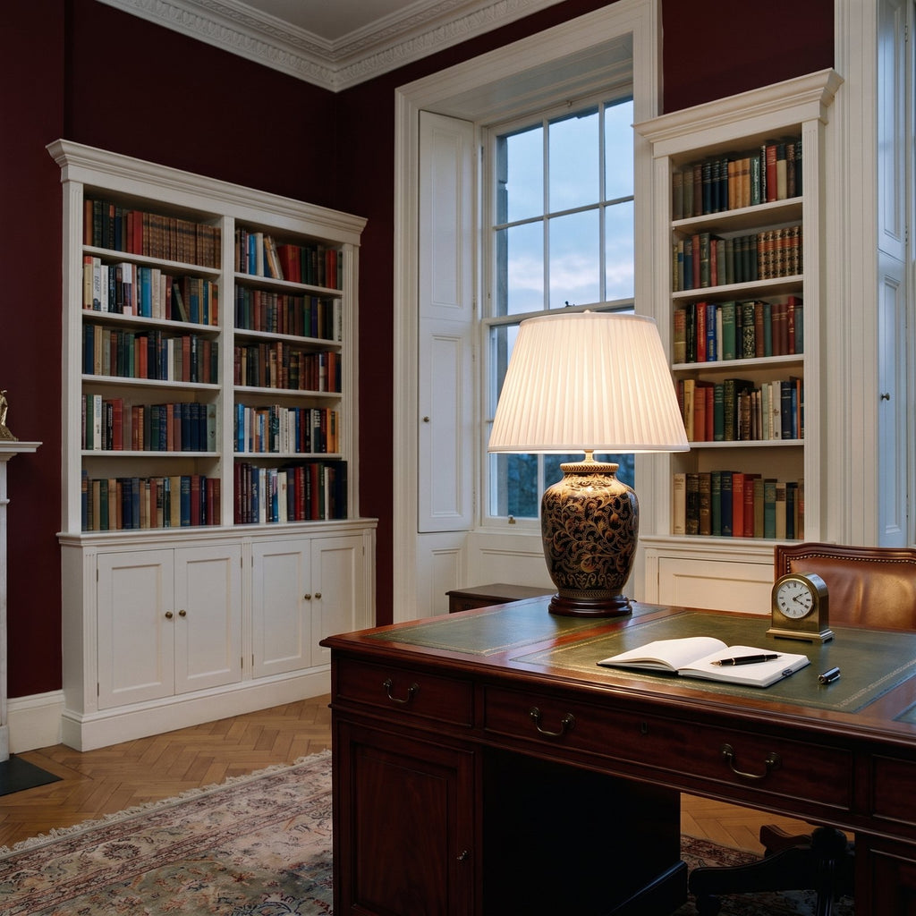 Elstead Morris Small Table Lamp in Black Gold lit on a desk in an oxblood red Georgian study