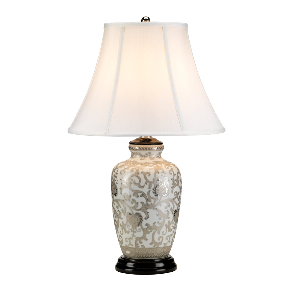 Elstead Silver Thistle Table Lamp white crackle glaze with Silver floral pattern
