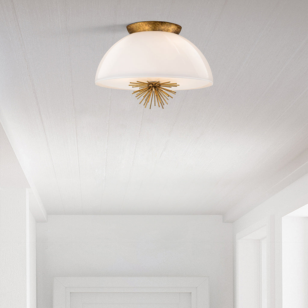 Elstead Staring 3 Light Pendant Distressed Gold with Opal Glass Shade