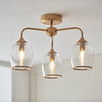 Endon Ashcroft 3 Light Semi Flush Fitting Brushed Aged Brass and Clear Glass