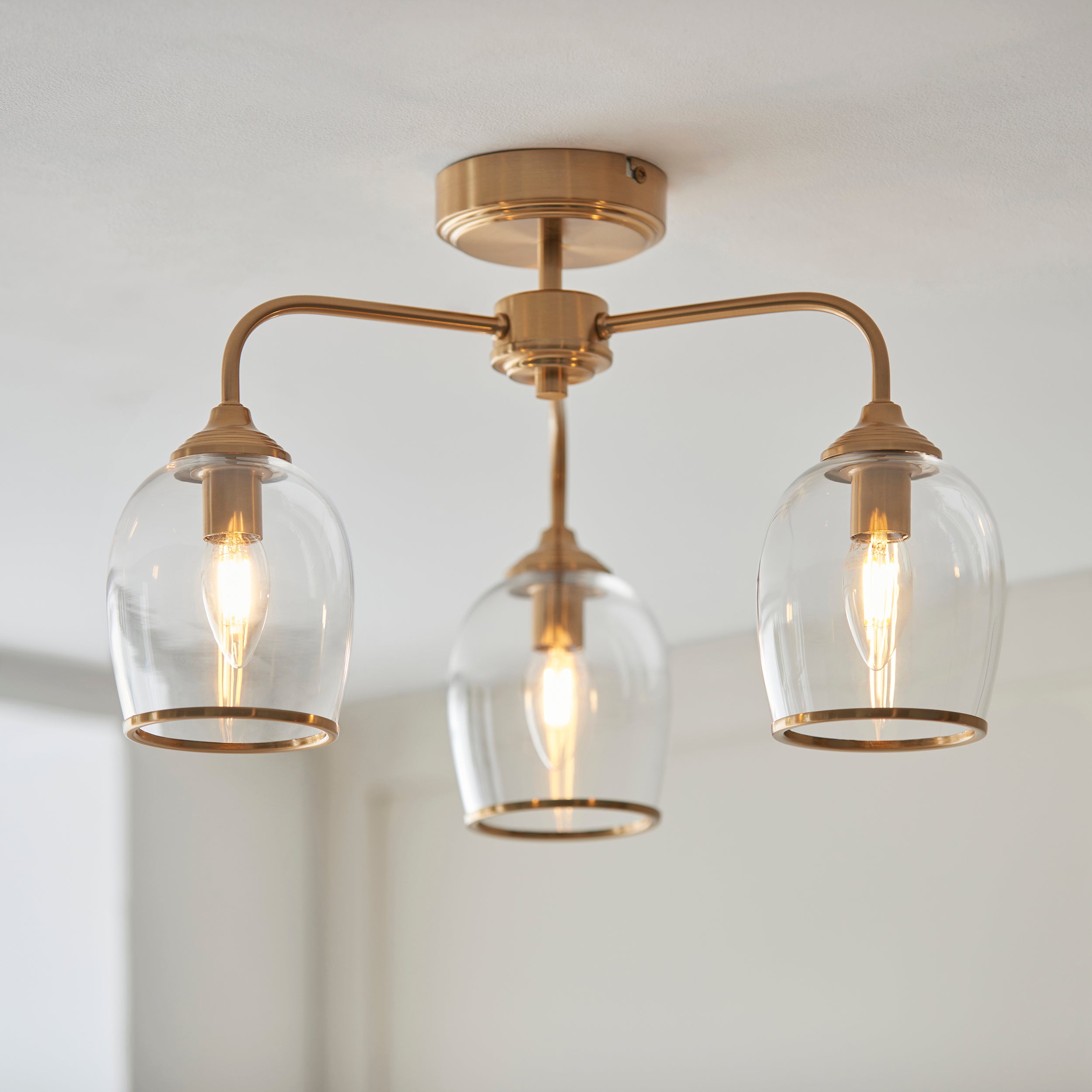 Endon Ashcroft 3 Light Semi Flush Fitting Brushed Aged Brass and Clear Glass